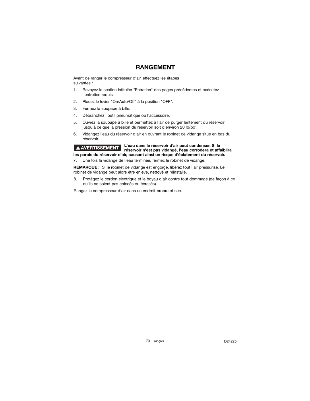 Porter-Cable D24225-049-2 instruction manual Rangement 