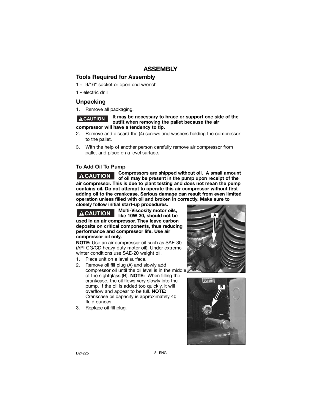 Porter-Cable D24225-049-2 instruction manual Tools Required for Assembly, Unpacking, To Add Oil To Pump 