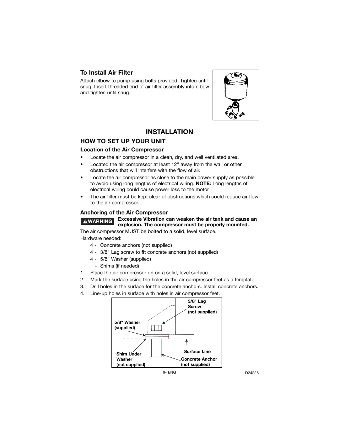 Porter-Cable D24225-049-2 instruction manual Installation, To Install Air Filter, Location of the Air Compressor 