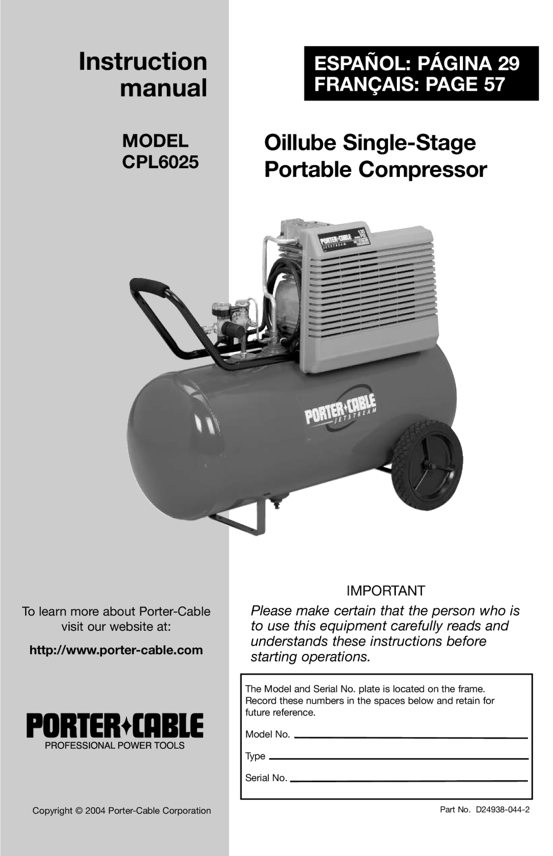 Porter-Cable D24938-044-2 instruction manual Instruction 