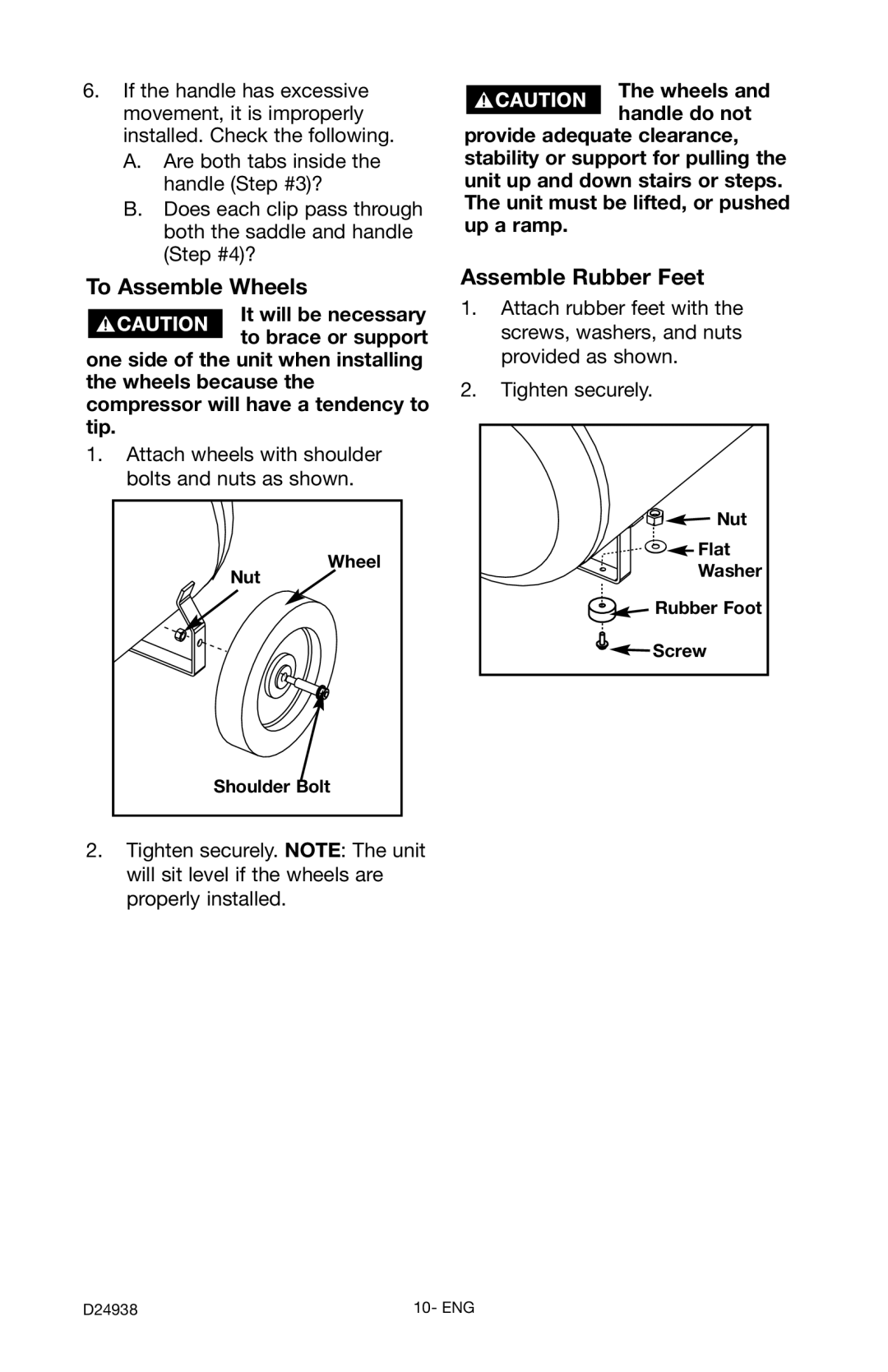 Porter-Cable D24938-044-2 instruction manual To Assemble Wheels, Assemble Rubber Feet 