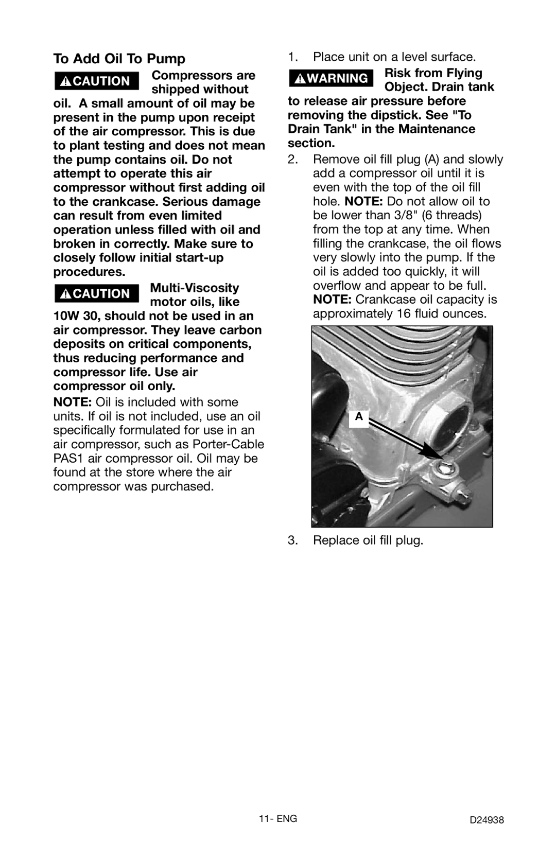 Porter-Cable D24938-044-2 instruction manual To Add Oil To Pump 