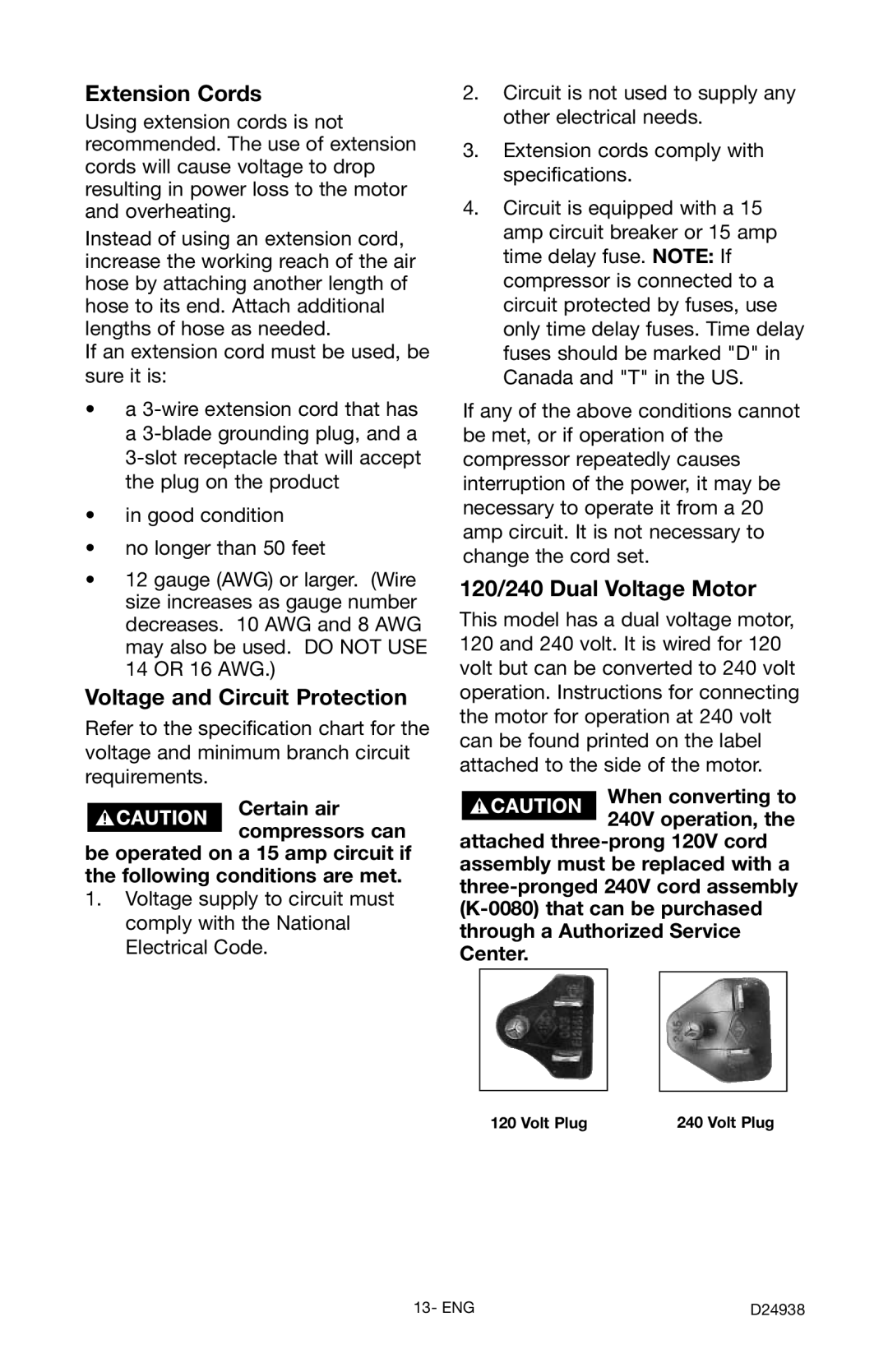 Porter-Cable D24938-044-2 instruction manual Extension Cords, Voltage and Circuit Protection, 120/240 Dual Voltage Motor 