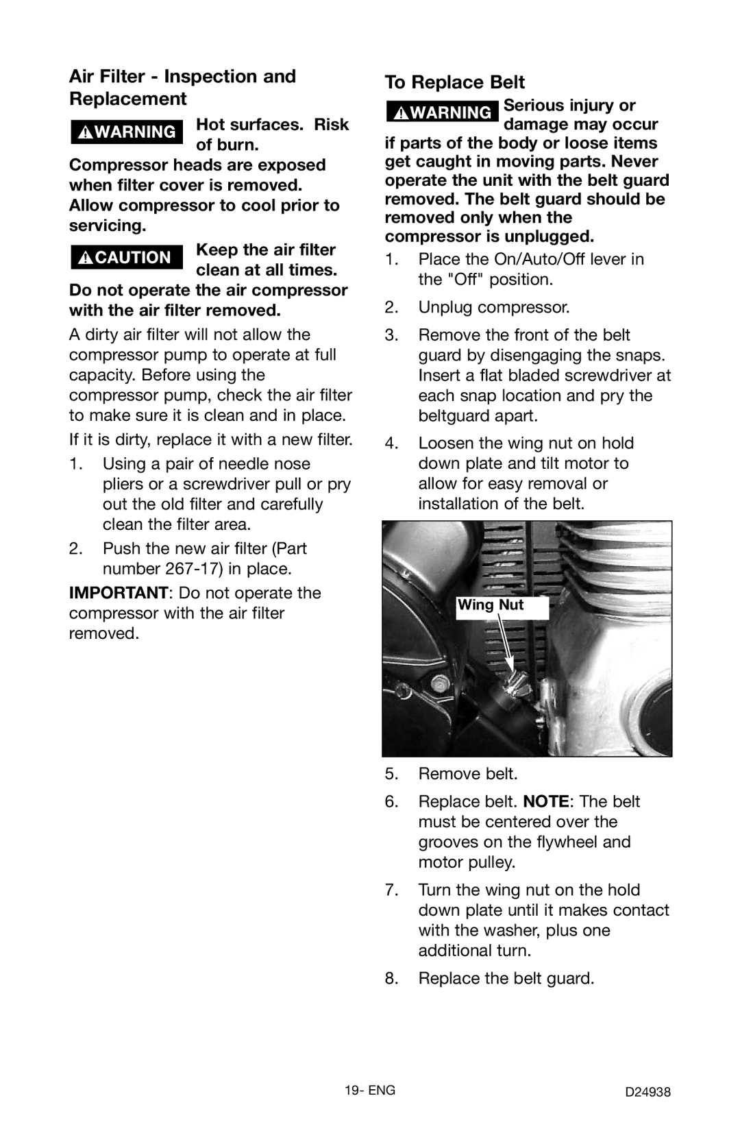 Porter-Cable D24938-044-2 instruction manual Air Filter Inspection and Replacement, To Replace Belt 