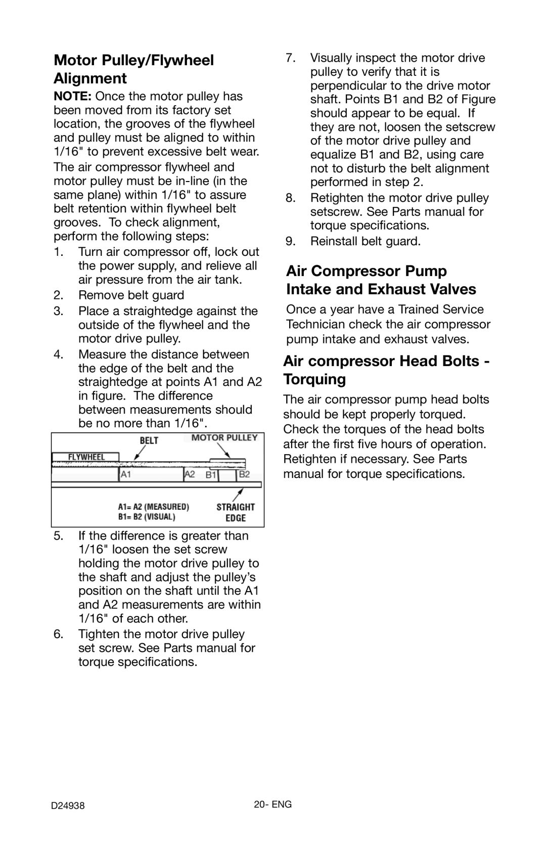 Porter-Cable D24938-044-2 instruction manual Motor Pulley/Flywheel Alignment 