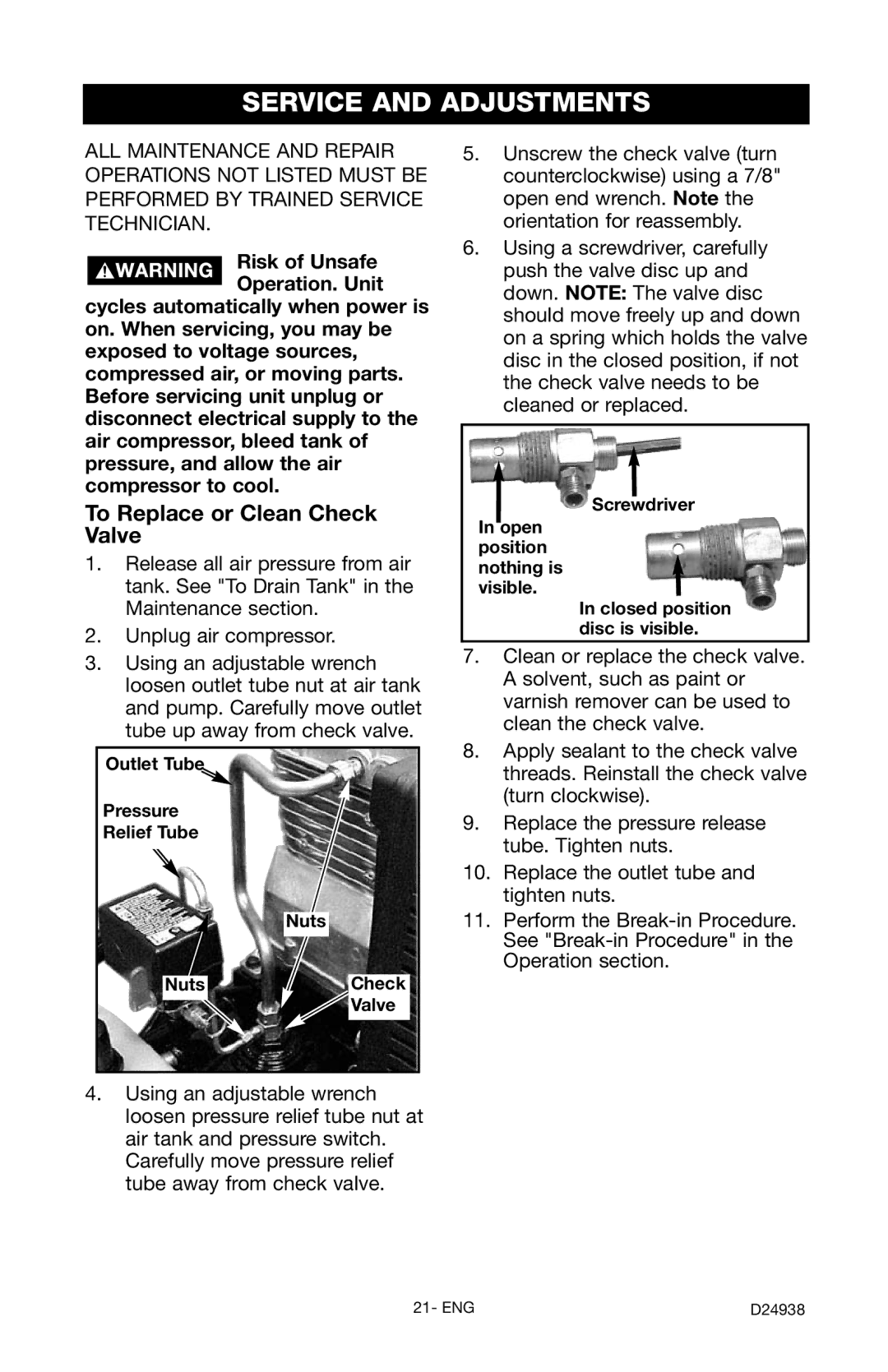 Porter-Cable D24938-044-2 instruction manual Service and Adjustments, To Replace or Clean Check Valve 