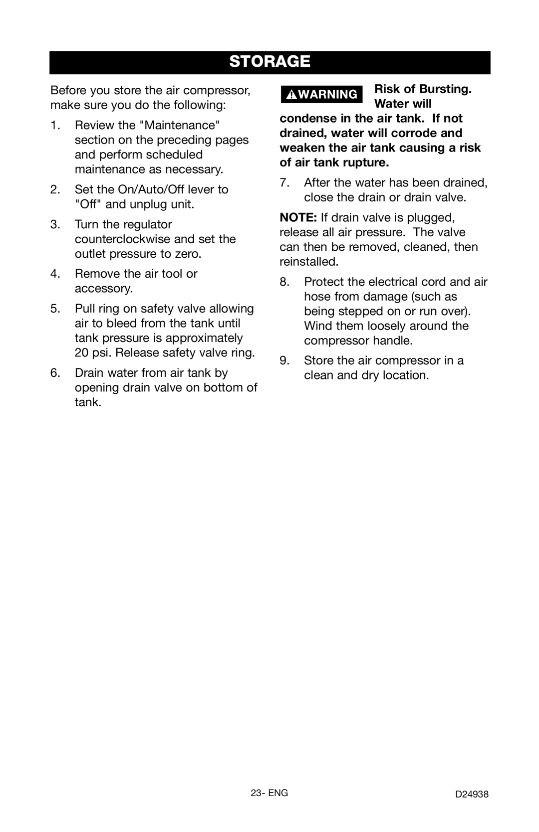 Porter-Cable D24938-044-2 instruction manual Storage 