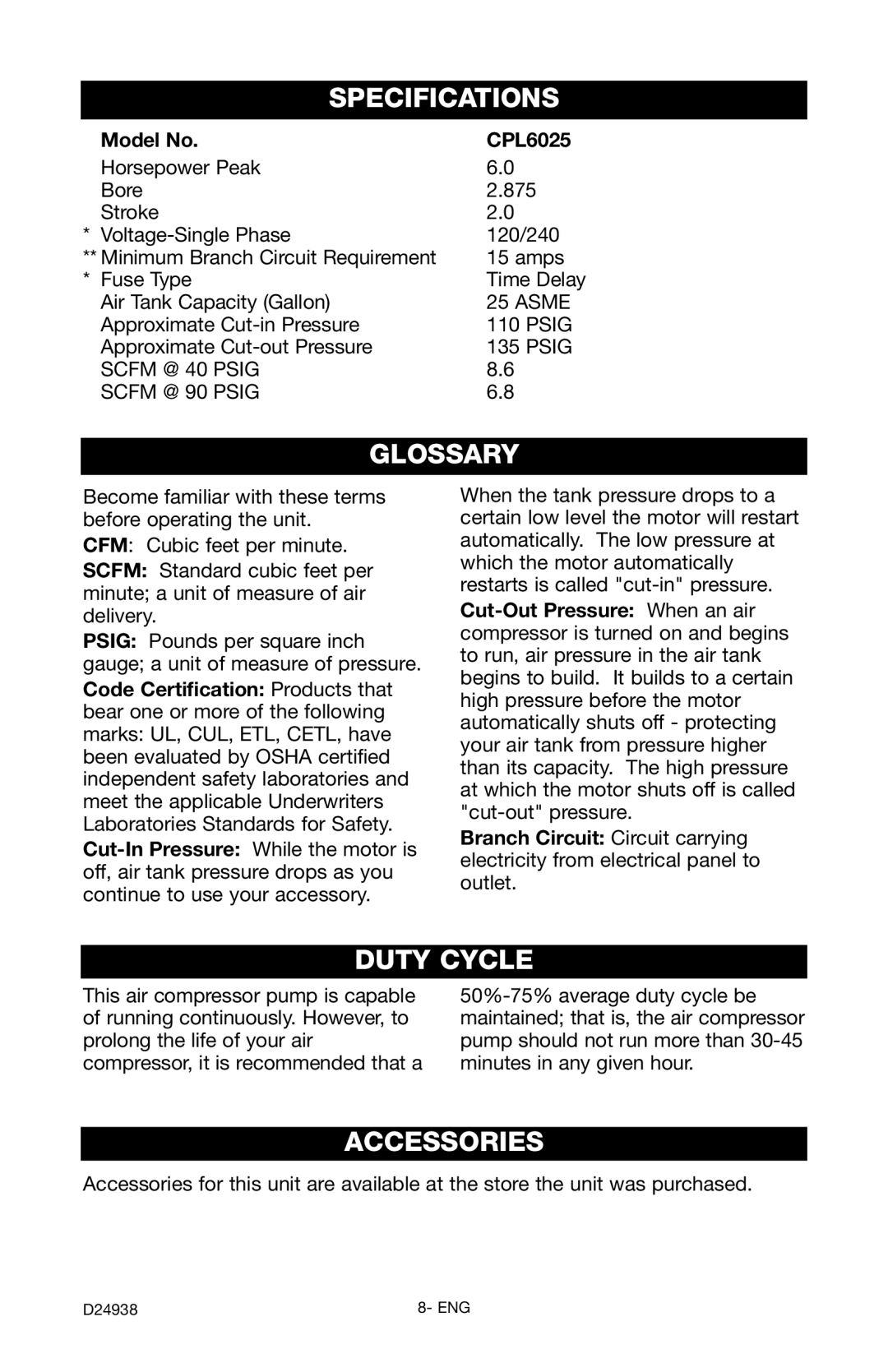 Porter-Cable D24938-044-2 instruction manual Specifications, Glossary, Duty Cycle, Accessories 