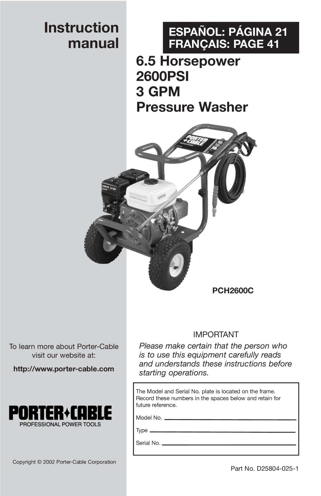 Porter-Cable PCH2600C, D25804-025-1 instruction manual Instruction 