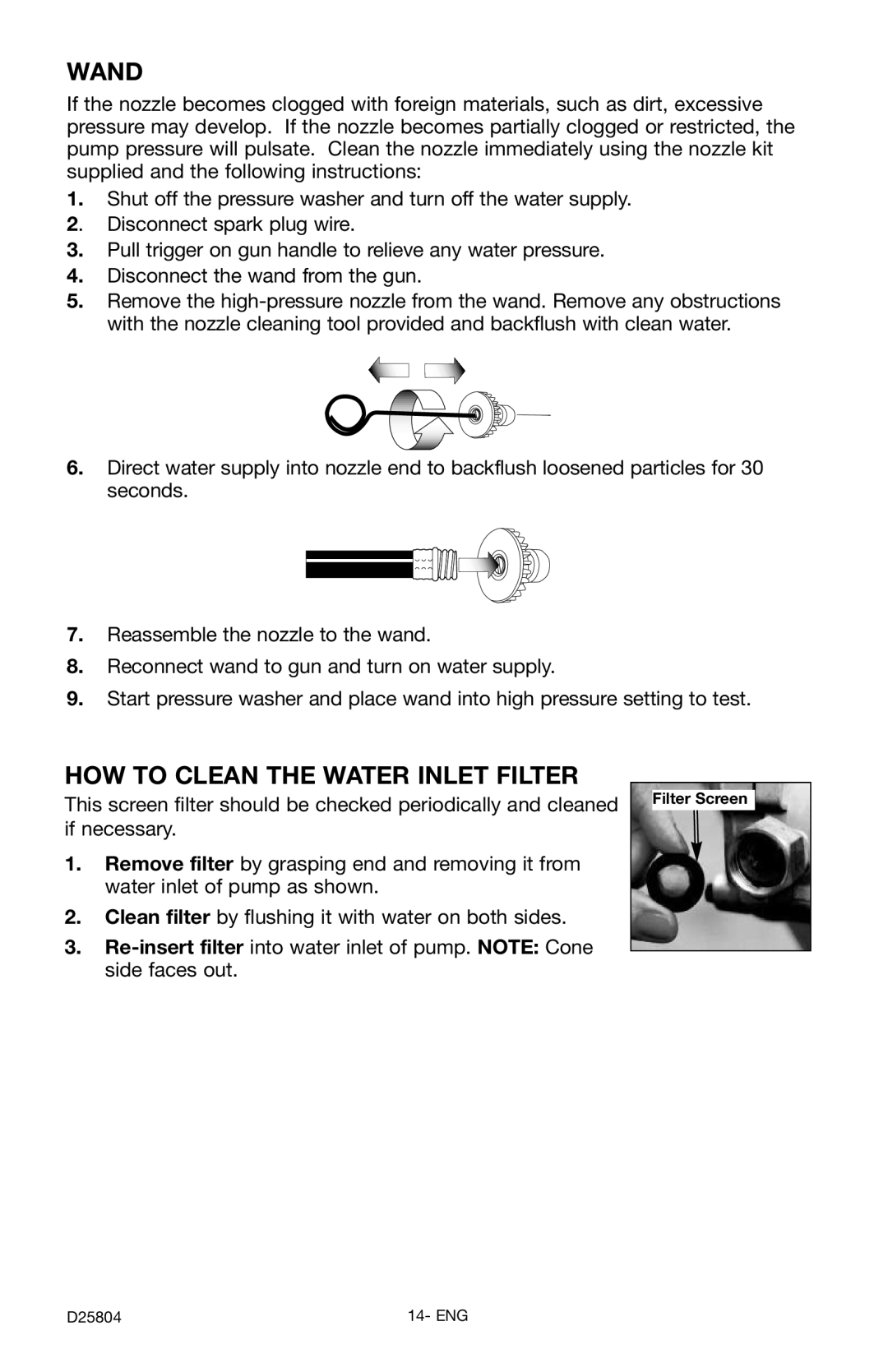 Porter-Cable D25804-025-1, PCH2600C instruction manual Wand, HOW to Clean the Water Inlet Filter 