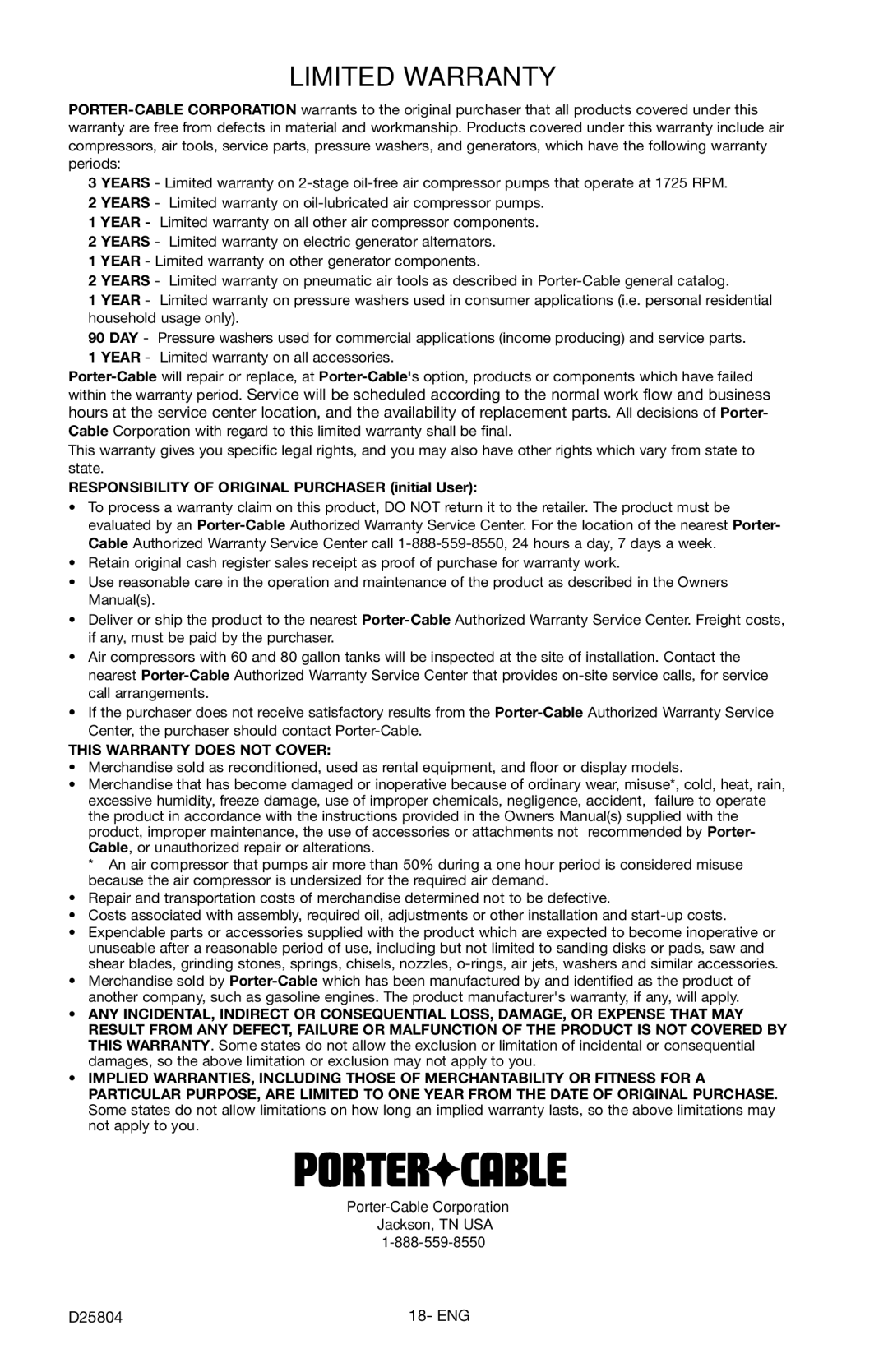 Porter-Cable D25804-025-1, PCH2600C instruction manual Limited Warranty, Responsibility of Original Purchaser initial User 