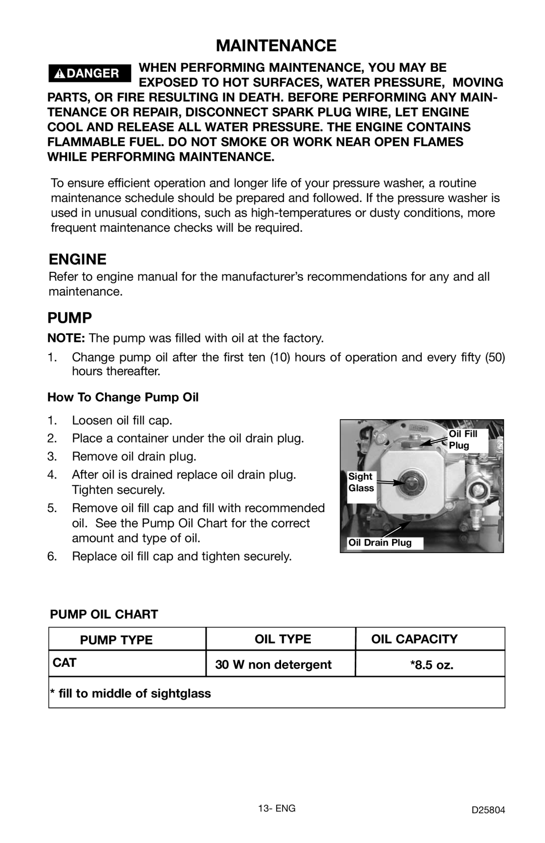 Porter-Cable PCH2600C, D25804-025-1 instruction manual Maintenance, Engine, Pump 