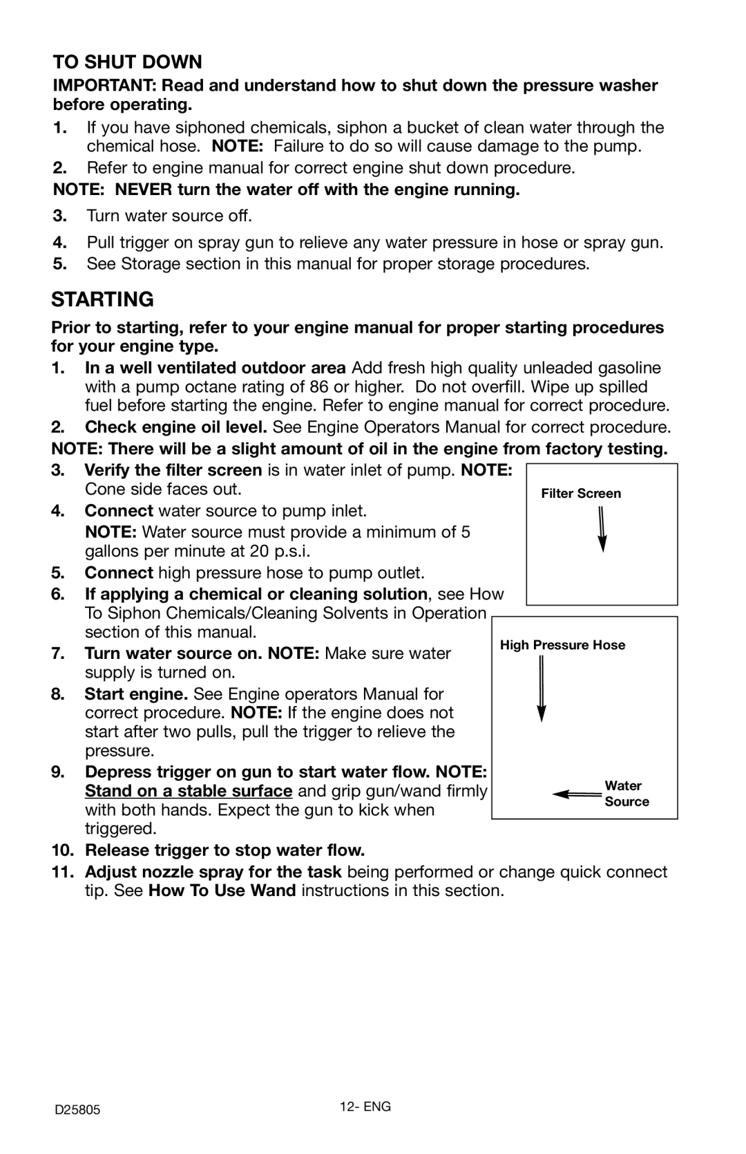 Porter-Cable D25805-025-1, PCH3500C instruction manual Starting, To Shut Down, Release trigger to stop water flow 