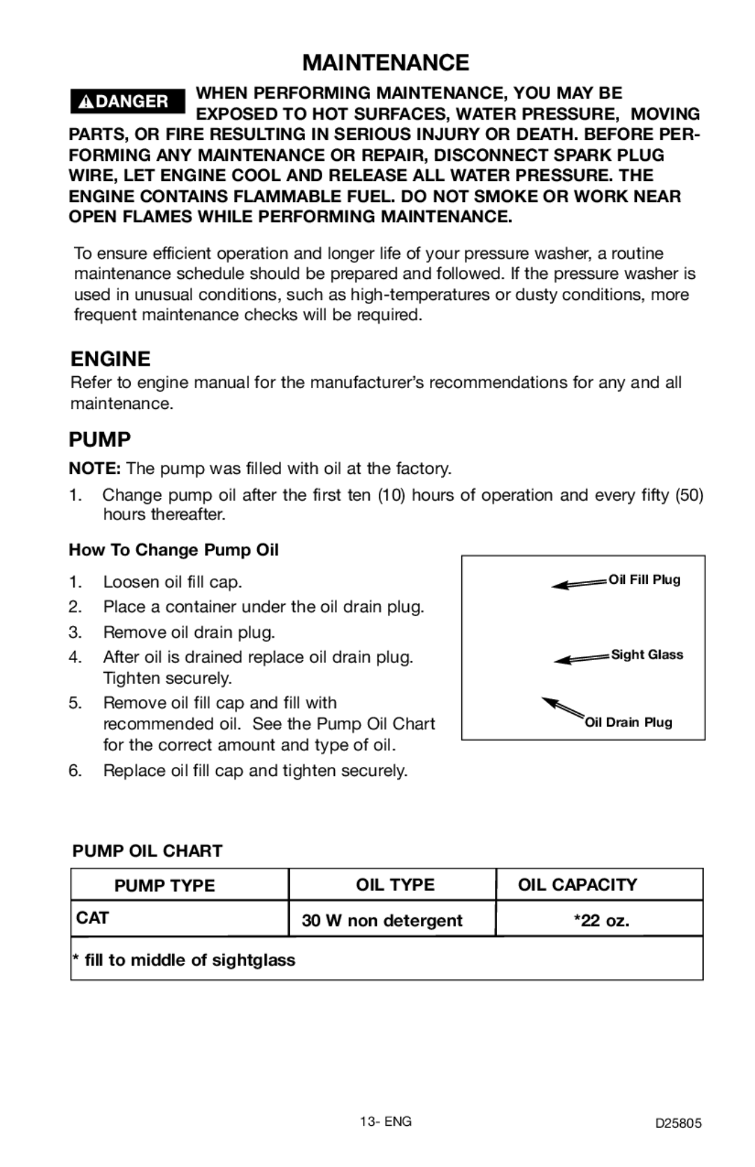 Porter-Cable PCH3500C, D25805-025-1 instruction manual Maintenance, Engine, How To Change Pump Oil Loosen oil fill cap 