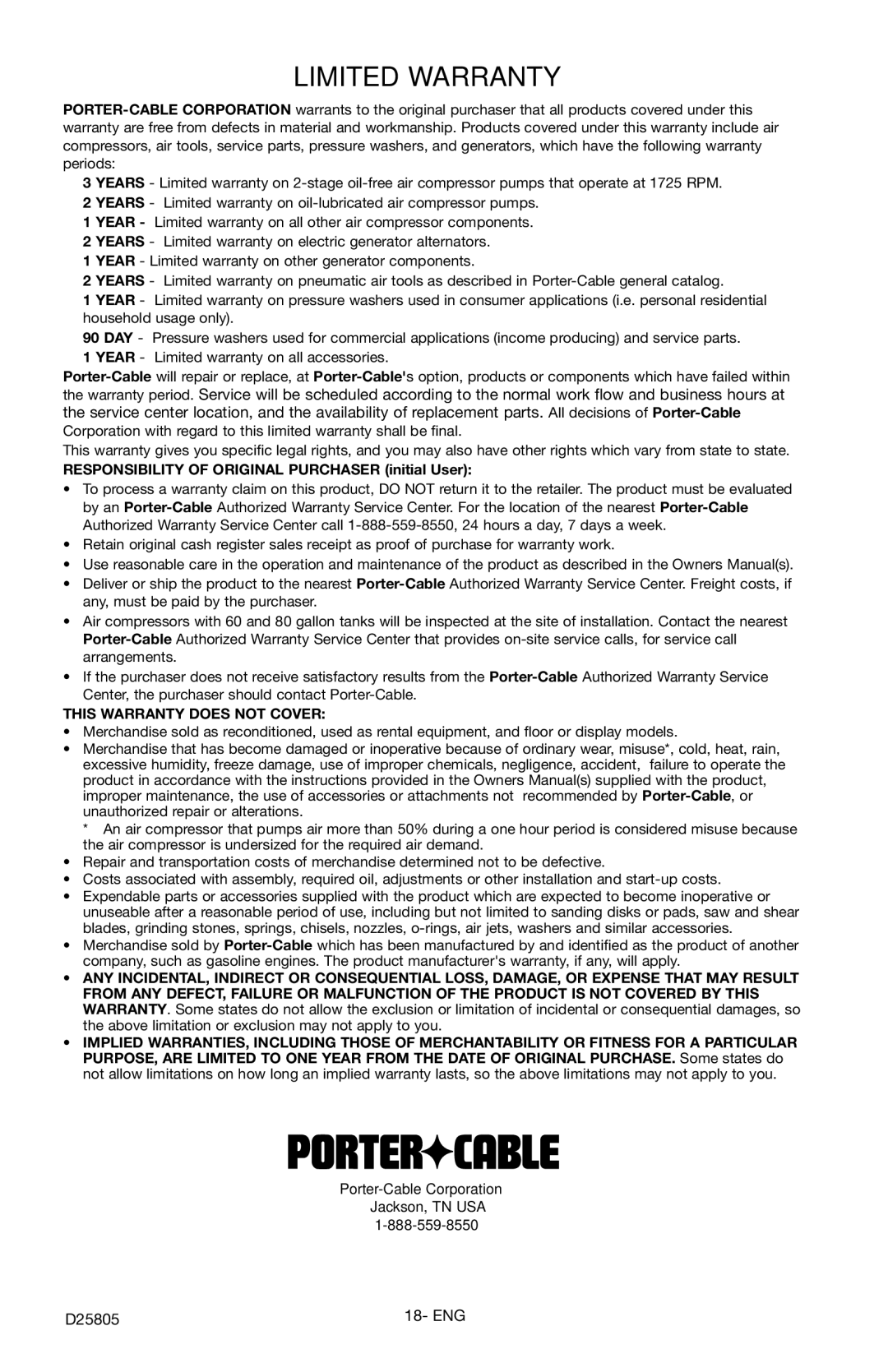 Porter-Cable D25805-025-1, PCH3500C instruction manual Limited Warranty, Responsibility of Original Purchaser initial User 