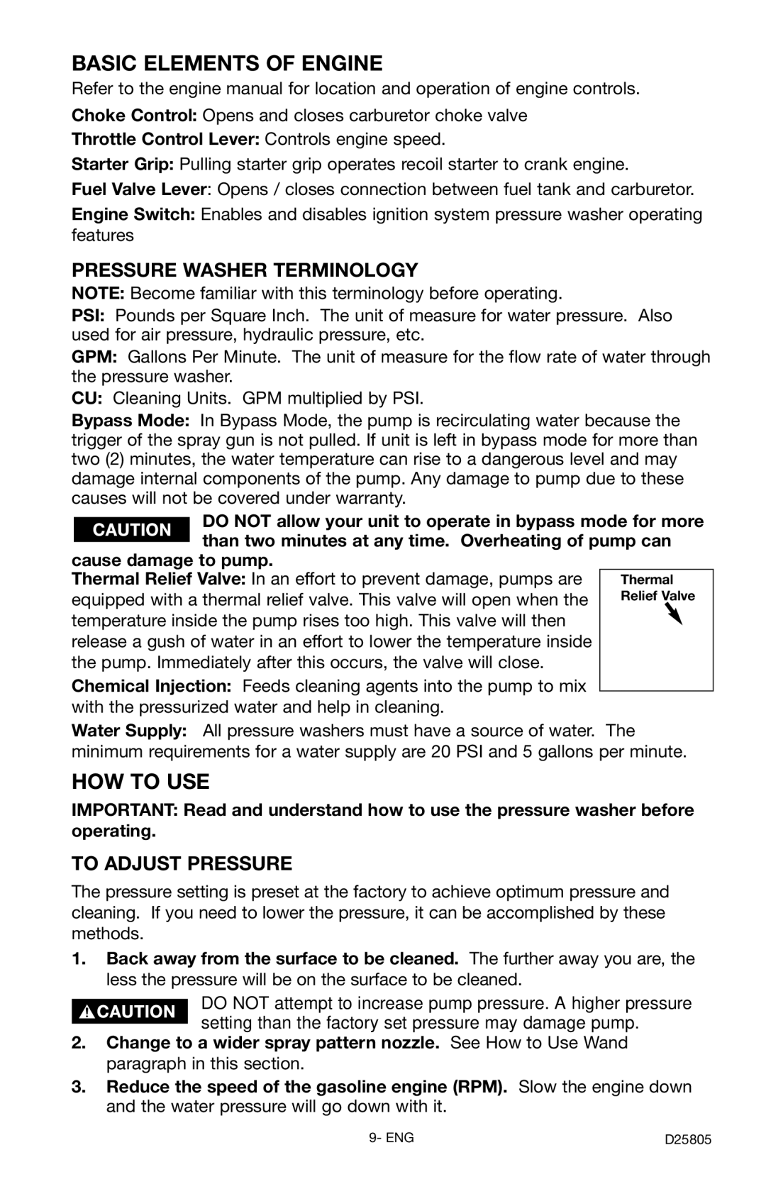 Porter-Cable PCH3500C, D25805-025-1 Basic Elements of Engine, HOW to USE, Pressure Washer Terminology, To Adjust Pressure 