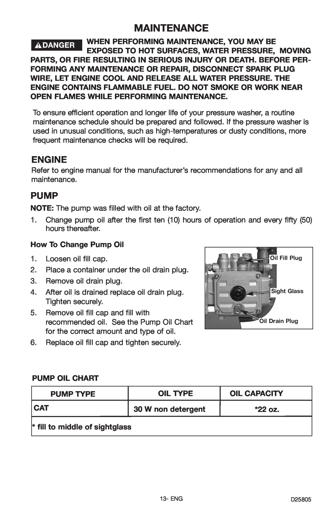 Porter-Cable PCH3500C, D25805-025-1 instruction manual Maintenance, Engine, Pump 