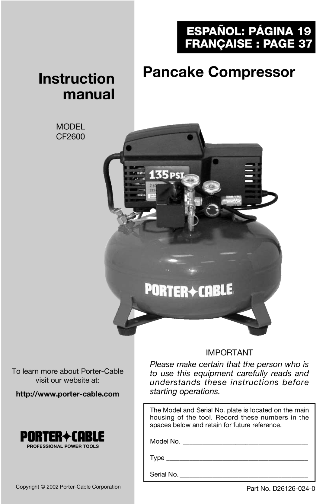 Porter-Cable D26126-024-0 instruction manual Pancake Compressor 