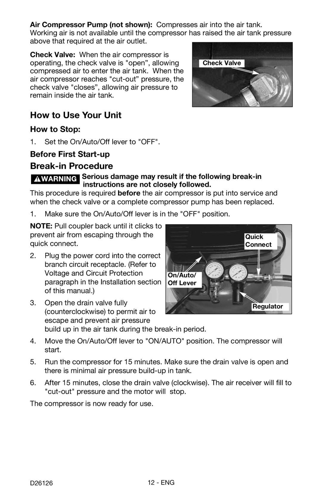 Porter-Cable D26126-024-0 instruction manual How to Stop, Before First Start-up 