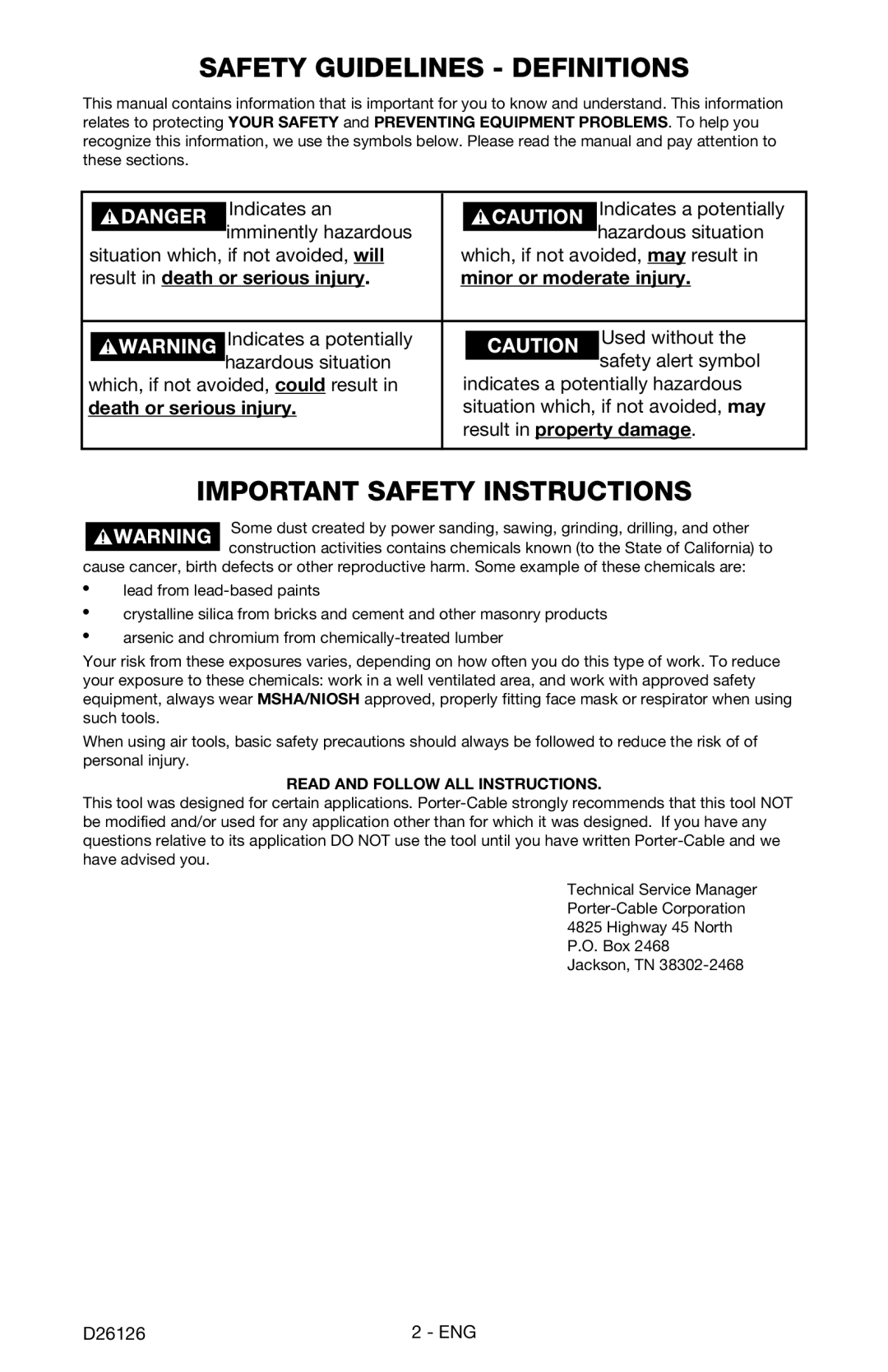 Porter-Cable D26126-024-0 instruction manual Safety Guidelines Definitions 