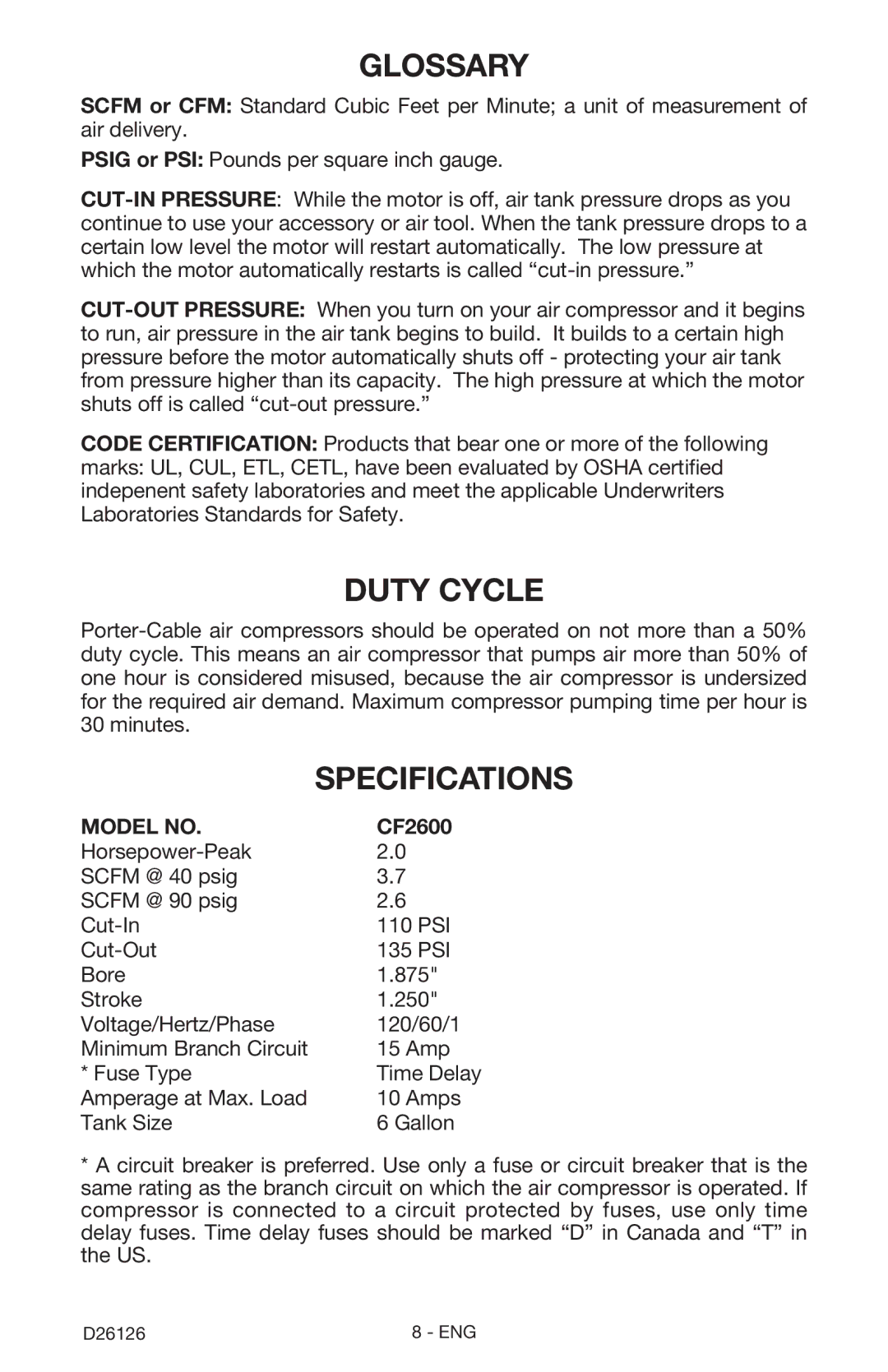 Porter-Cable D26126-024-0 instruction manual Glossary, Duty Cycle, Model no, CF2600 