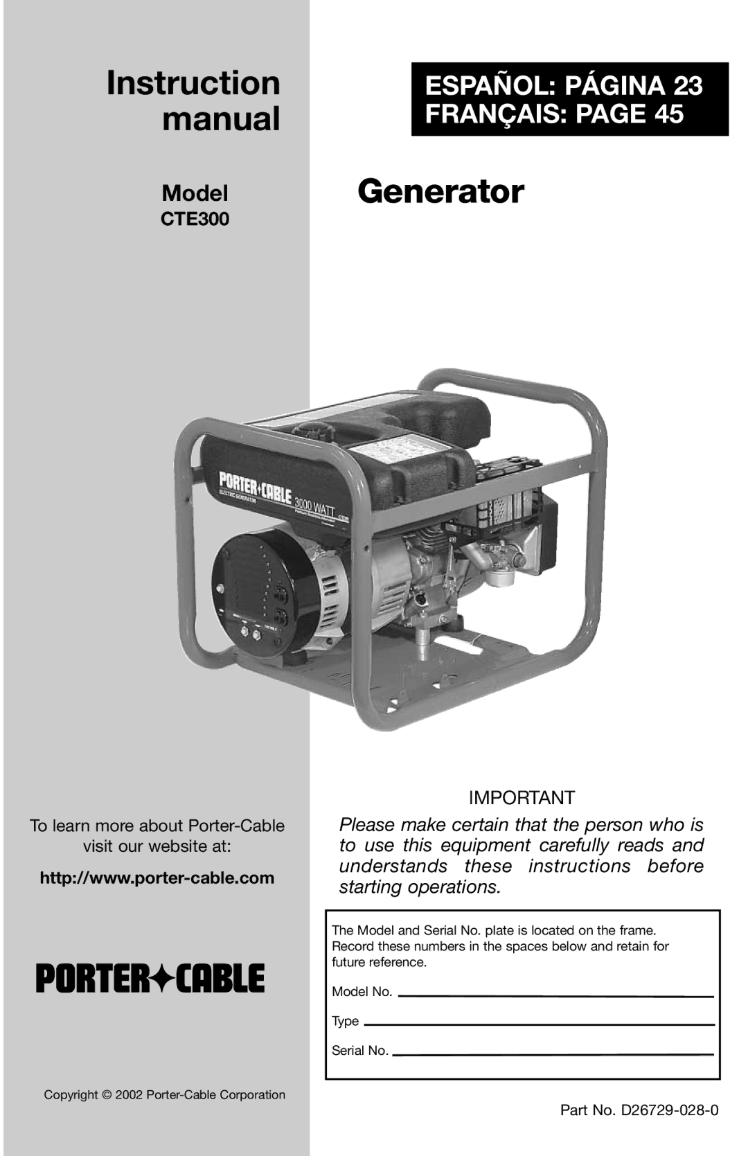 Porter-Cable D26729-028-0 instruction manual Generator 