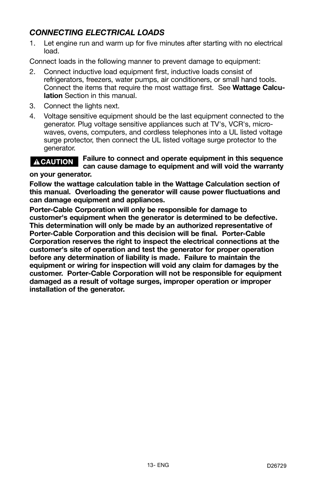 Porter-Cable D26729-028-0 instruction manual Connecting Electrical Loads 