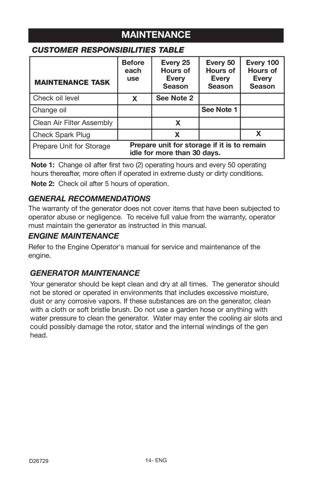 Porter-Cable D26729-028-0 Customer Responsibilities Table, General Recommendations, Engine Maintenance 