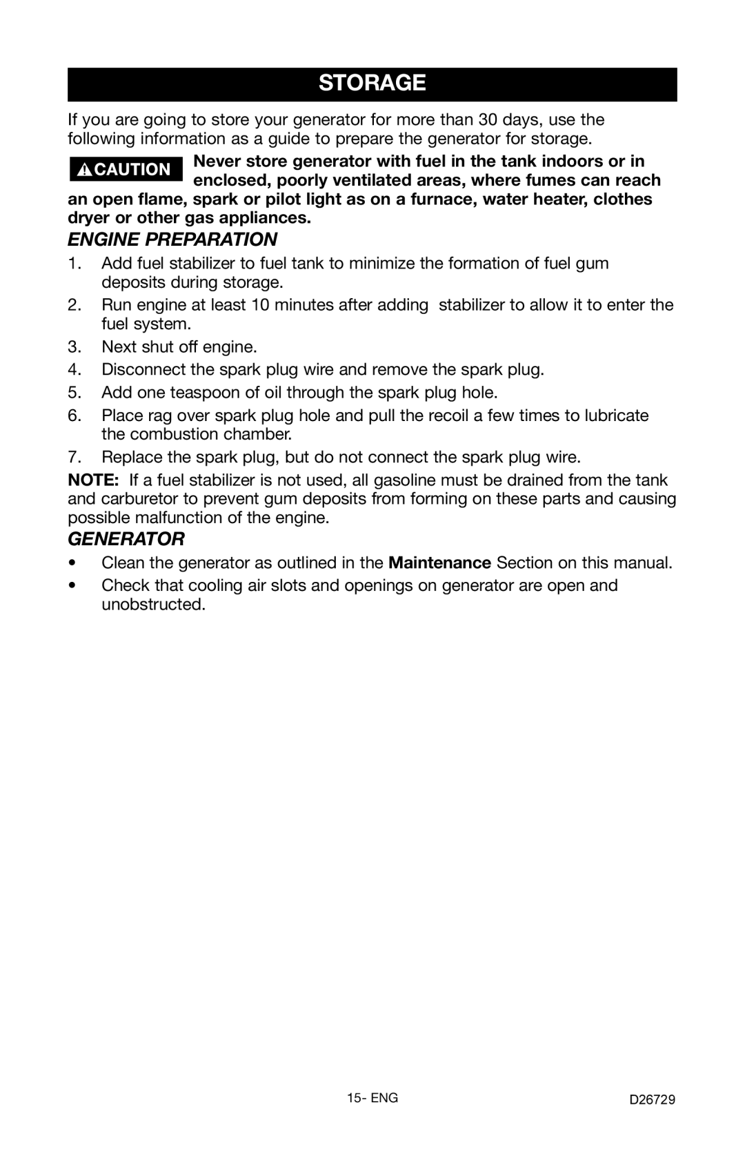 Porter-Cable D26729-028-0 instruction manual Storage, Engine Preparation, Generator 