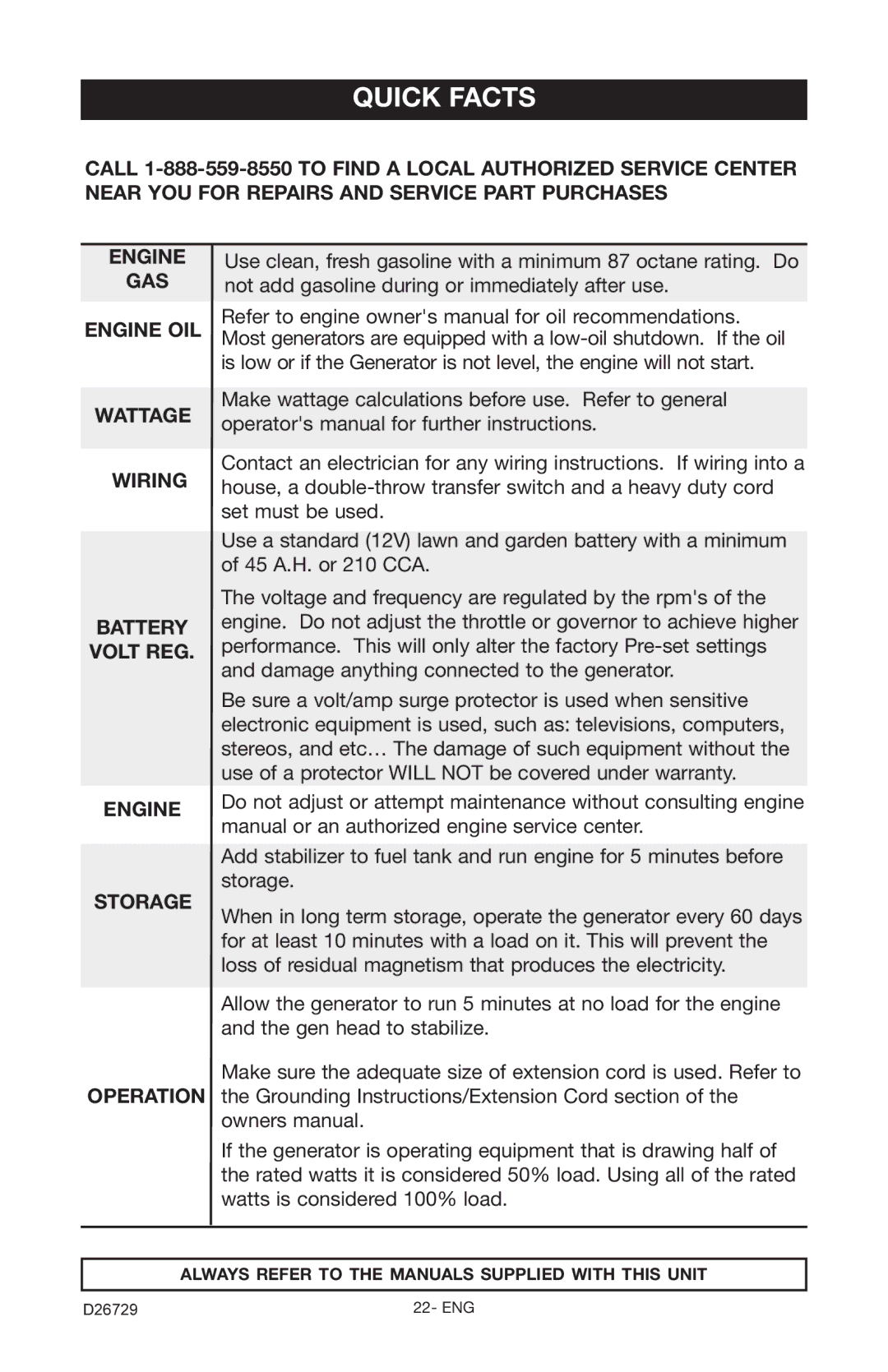 Porter-Cable D26729-028-0 instruction manual Quick Facts 