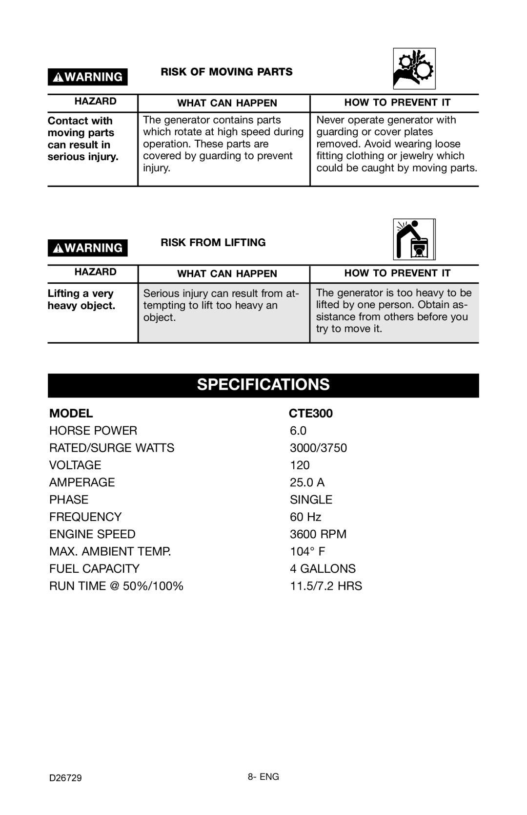 Porter-Cable D26729-028-0 instruction manual Specifications, Risk of Moving Parts, Risk from Lifting 