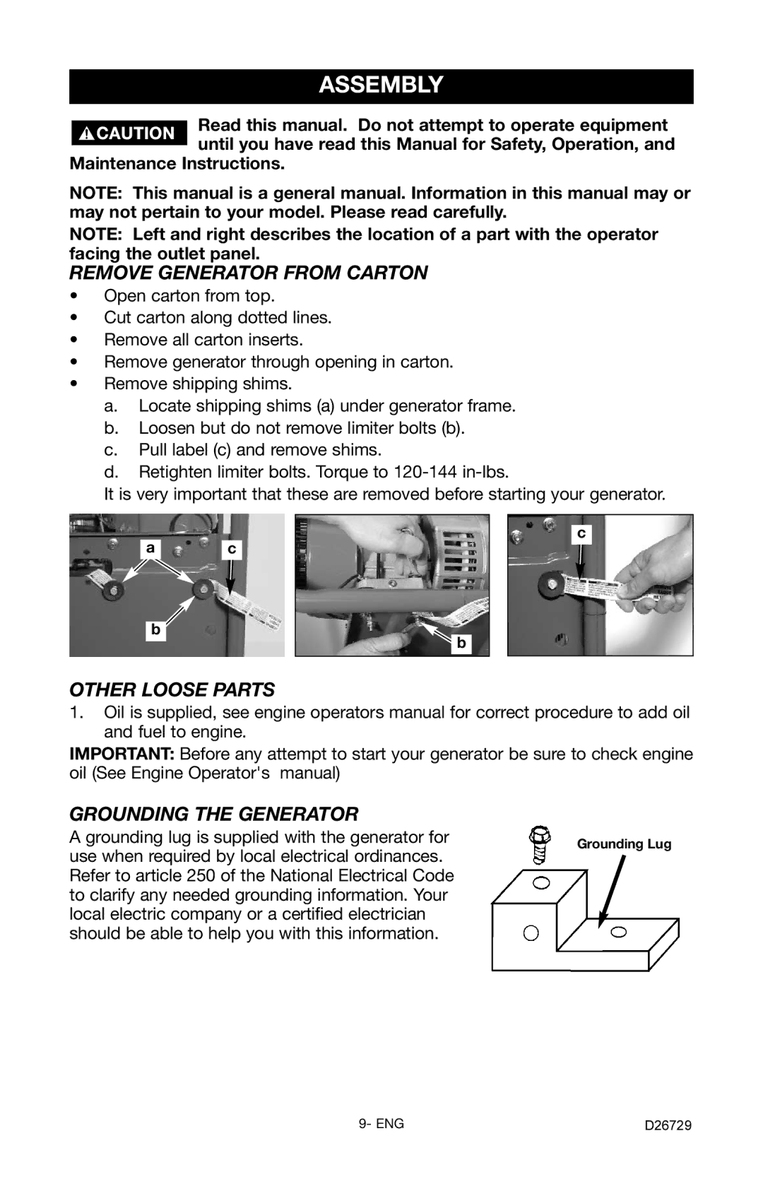 Porter-Cable D26729-028-0 Assembly, Remove Generator from Carton, Other Loose Parts, Grounding the Generator 