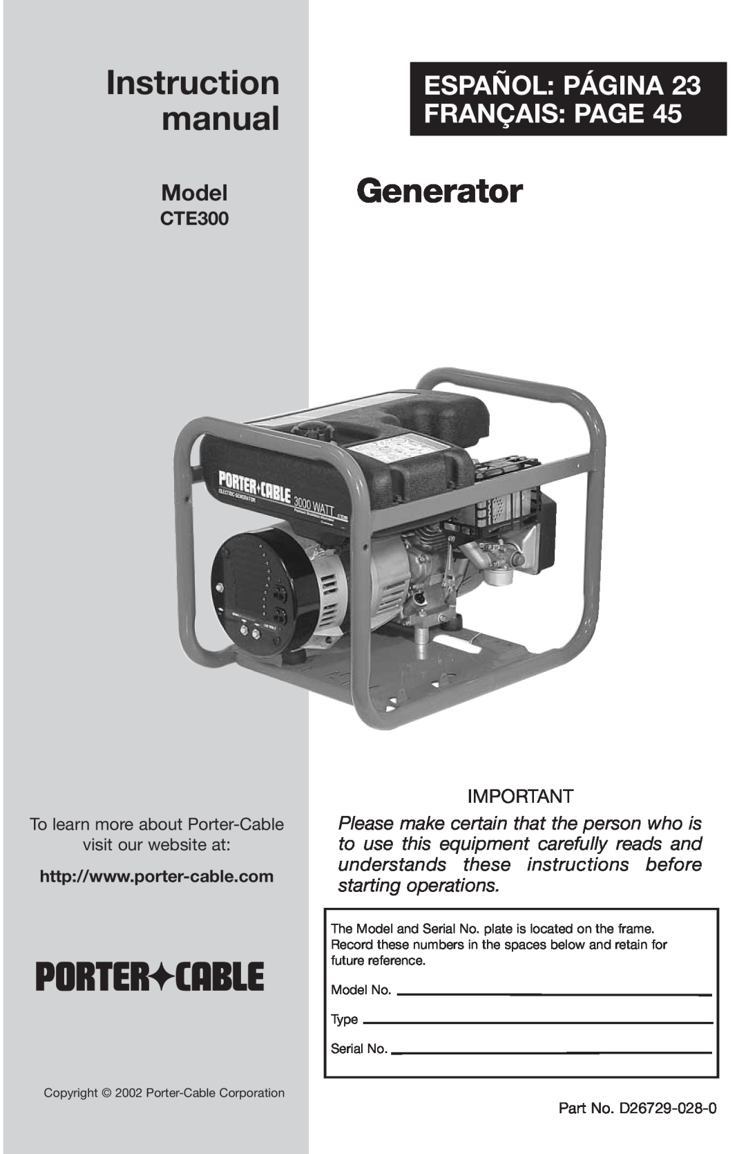 Porter-Cable D26729-028-0 instruction manual Generator, Español Página Français Page, Model, CTE300 