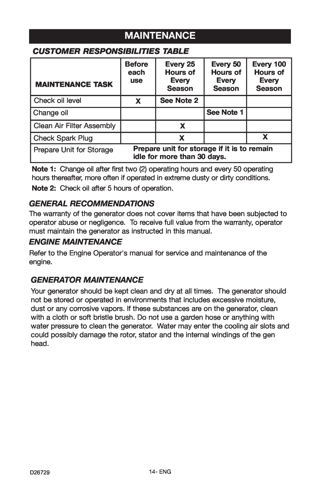 Porter-Cable D26729-028-0 Customer Responsibilities Table, General Recommendations, Engine Maintenance 