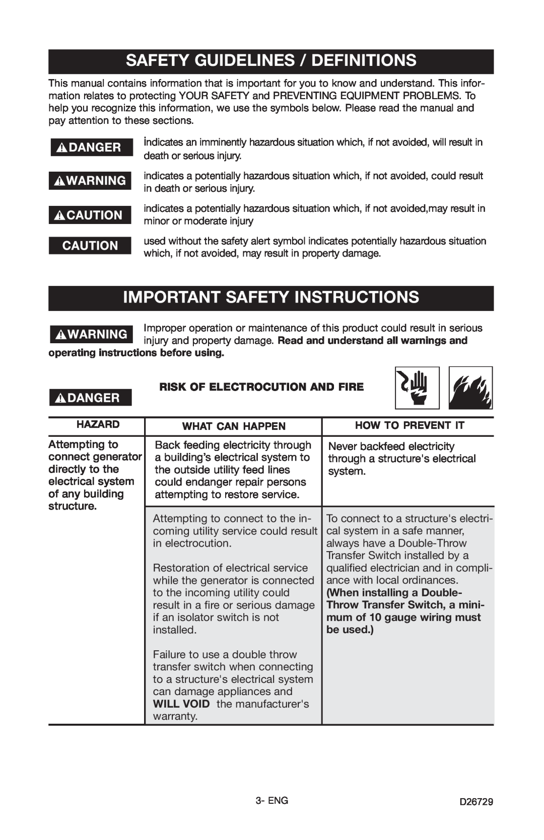 Porter-Cable D26729-028-0 Safety Guidelines / Definitions, Important Safety Instructions, Risk Of Electrocution And Fire 