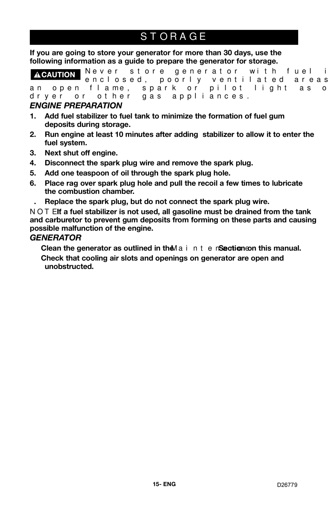 Porter-Cable D26779-028-0 instruction manual Storage, Engine Preparation, Generator 