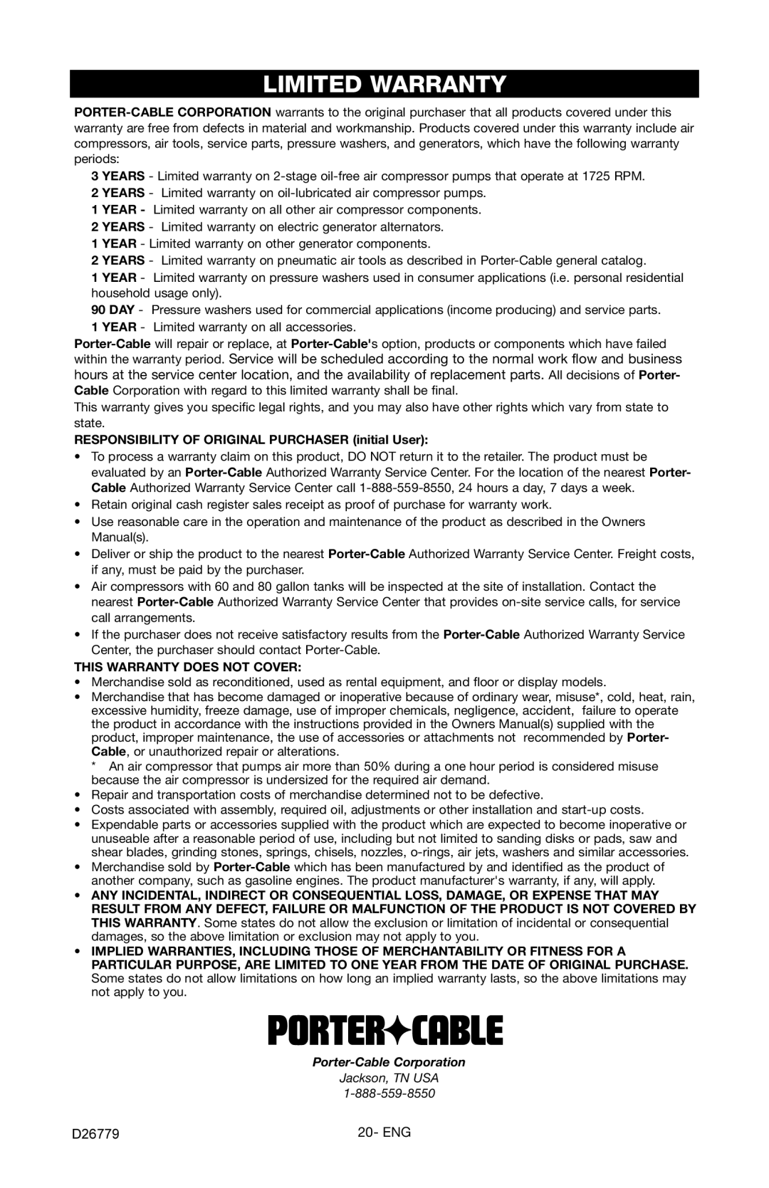 Porter-Cable D26779-028-0 instruction manual Limited Warranty, Responsibility of Original Purchaser initial User 