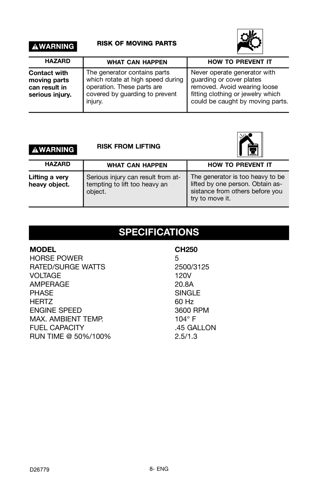 Porter-Cable D26779-028-0 instruction manual Specifications, Risk of Moving Parts, Risk from Lifting 