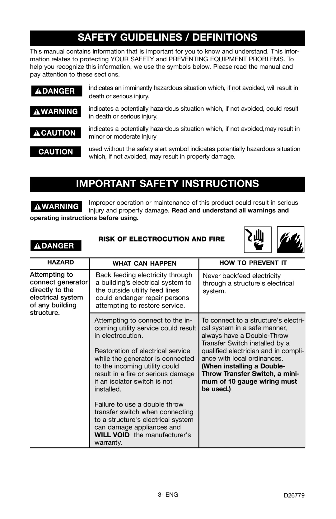 Porter-Cable D26779-028-0 Safety Guidelines / Definitions, Important Safety Instructions, Risk Of Electrocution And Fire 