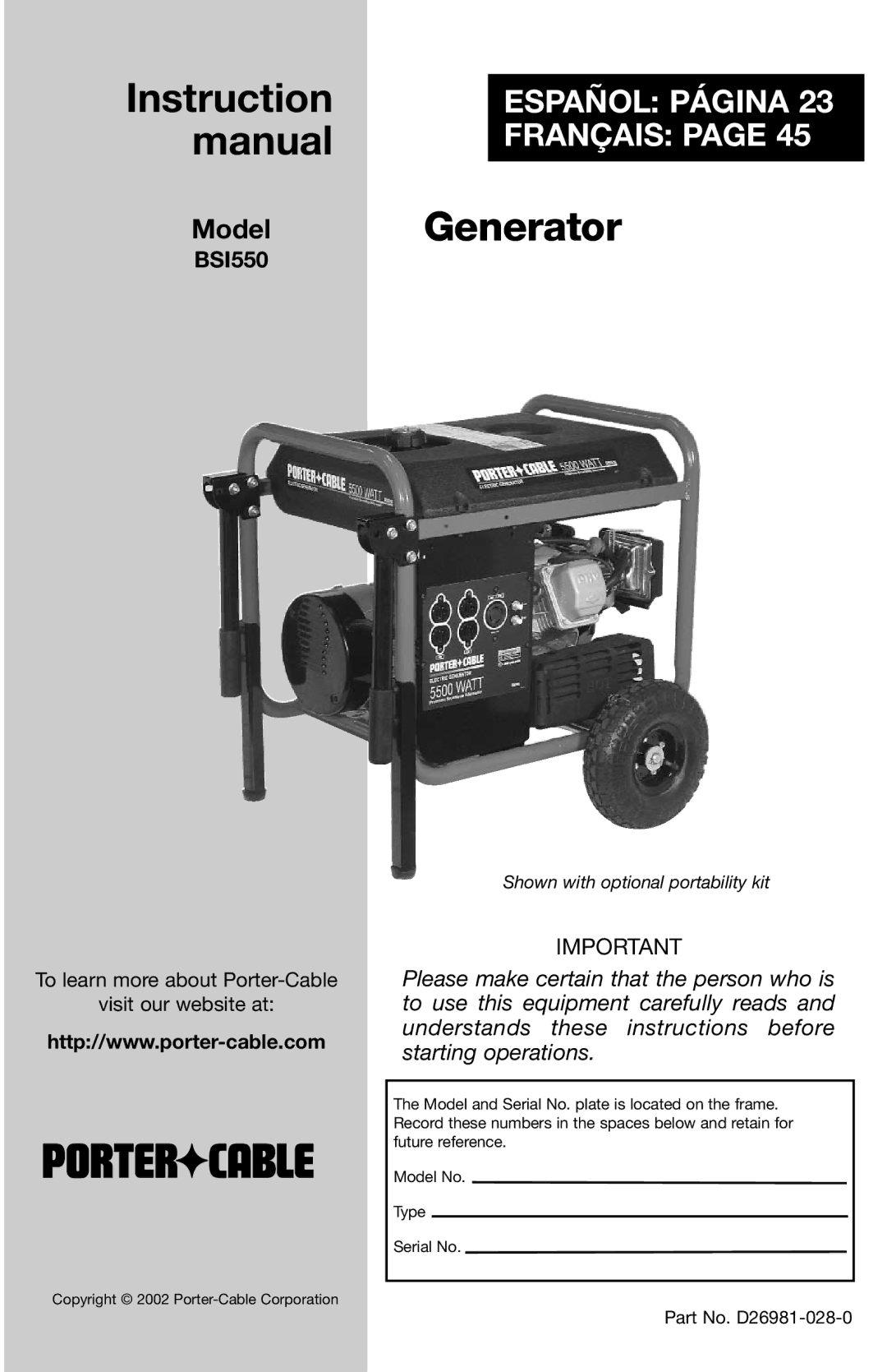 Porter-Cable D26981-028-0 instruction manual Generator 