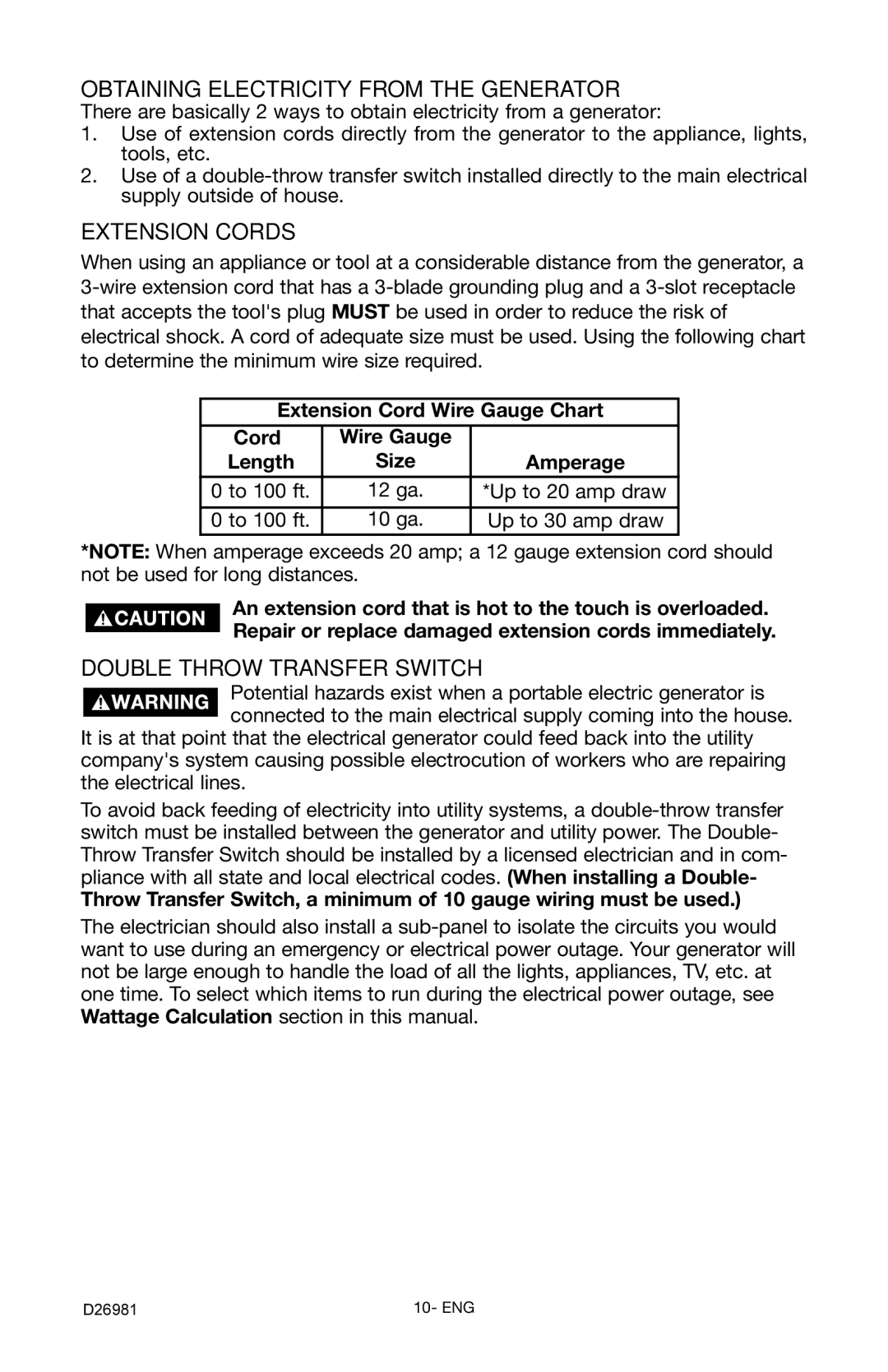 Porter-Cable D26981-028-0 Obtaining Electricity from the Generator, Extension Cords, Double Throw Transfer Switch 