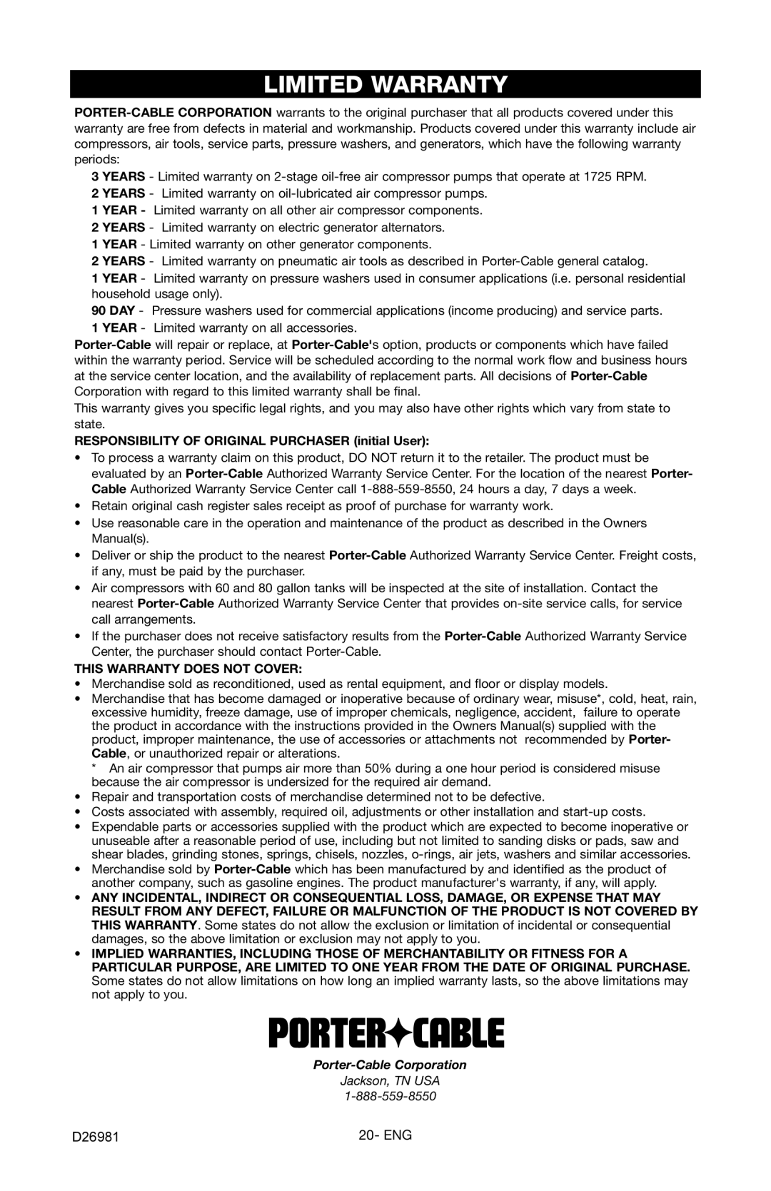 Porter-Cable D26981-028-0 instruction manual Limited Warranty, Responsibility of Original Purchaser initial User 