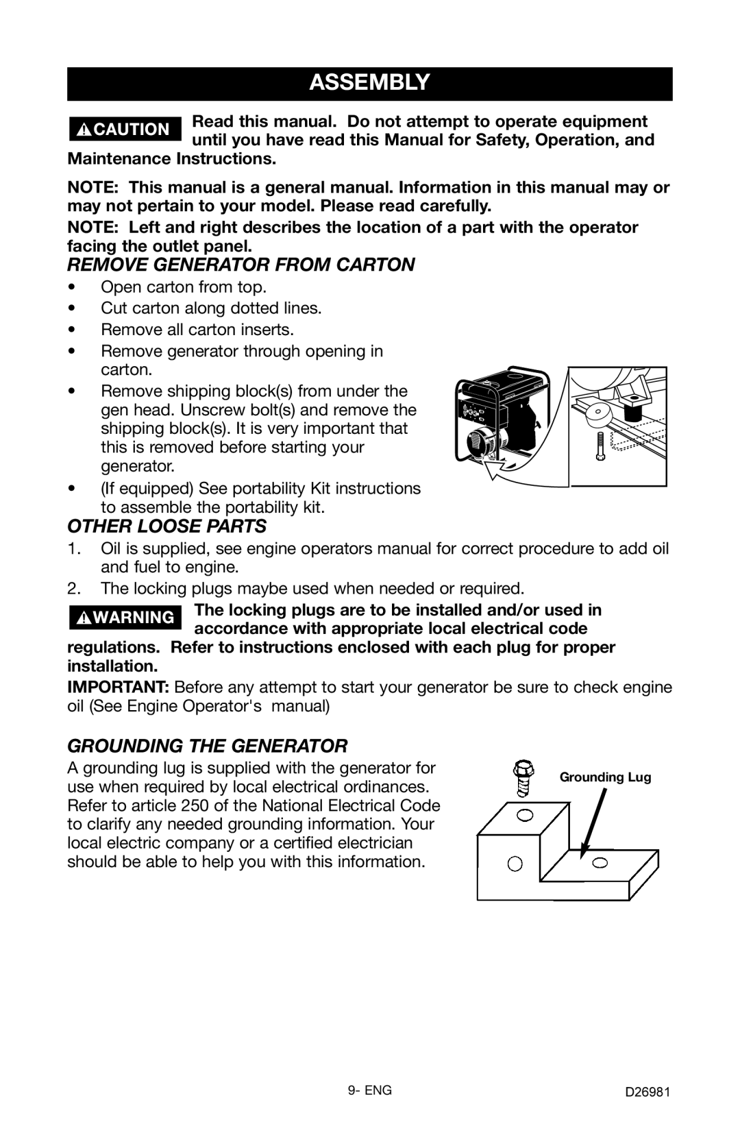 Porter-Cable D26981-028-0 Assembly, Remove Generator from Carton, Other Loose Parts, Grounding the Generator 