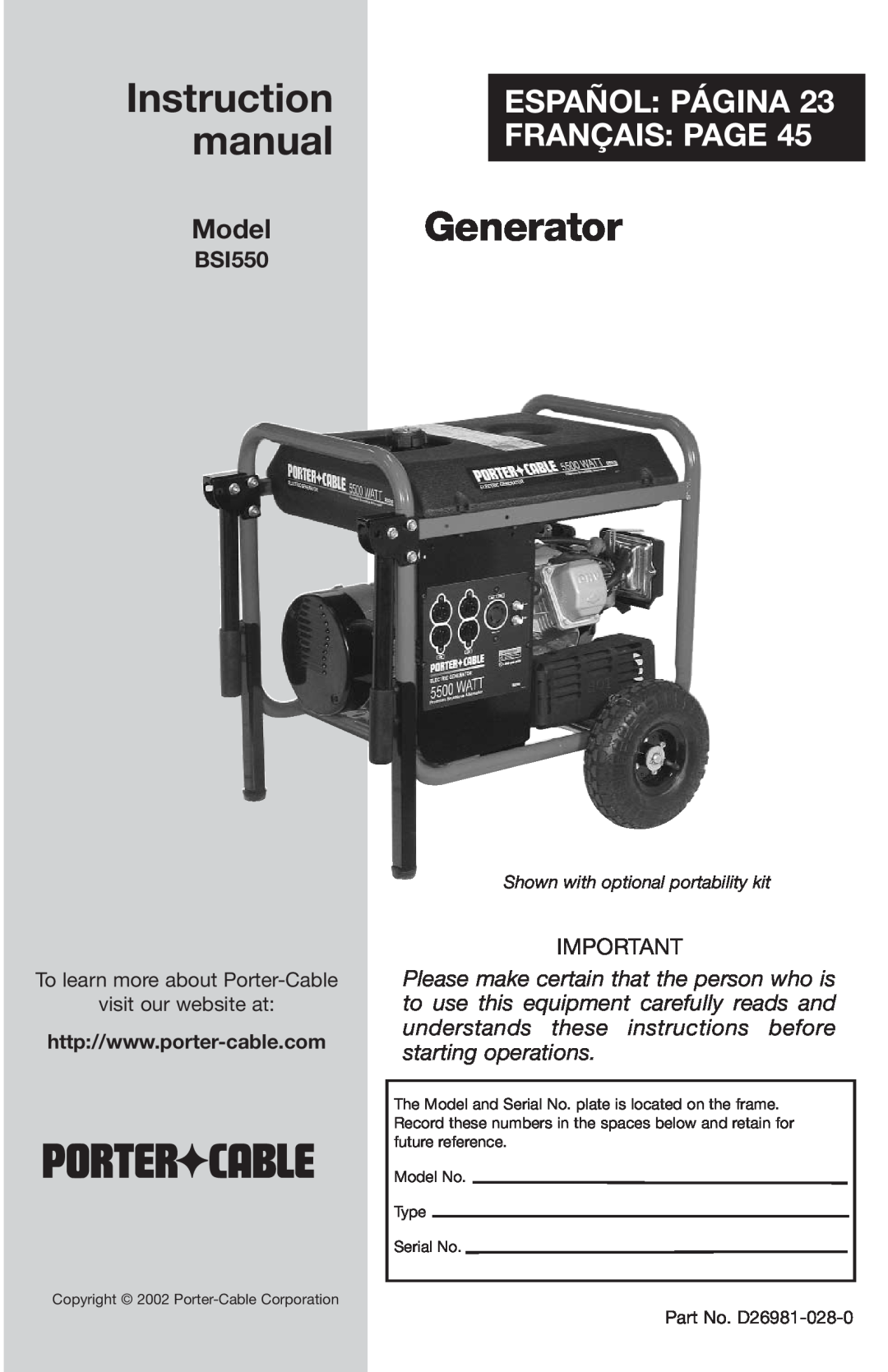 Porter-Cable D26981-028-0 instruction manual Generator, Español Página Français Page, Model, BSI550 