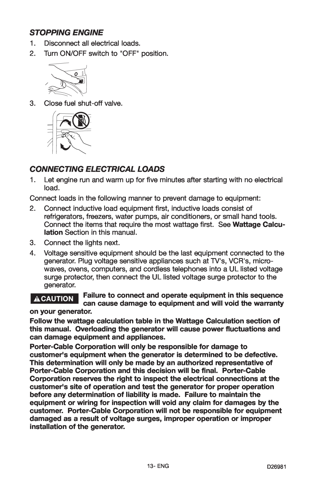 Porter-Cable D26981-028-0 instruction manual Stopping Engine, Connecting Electrical Loads 