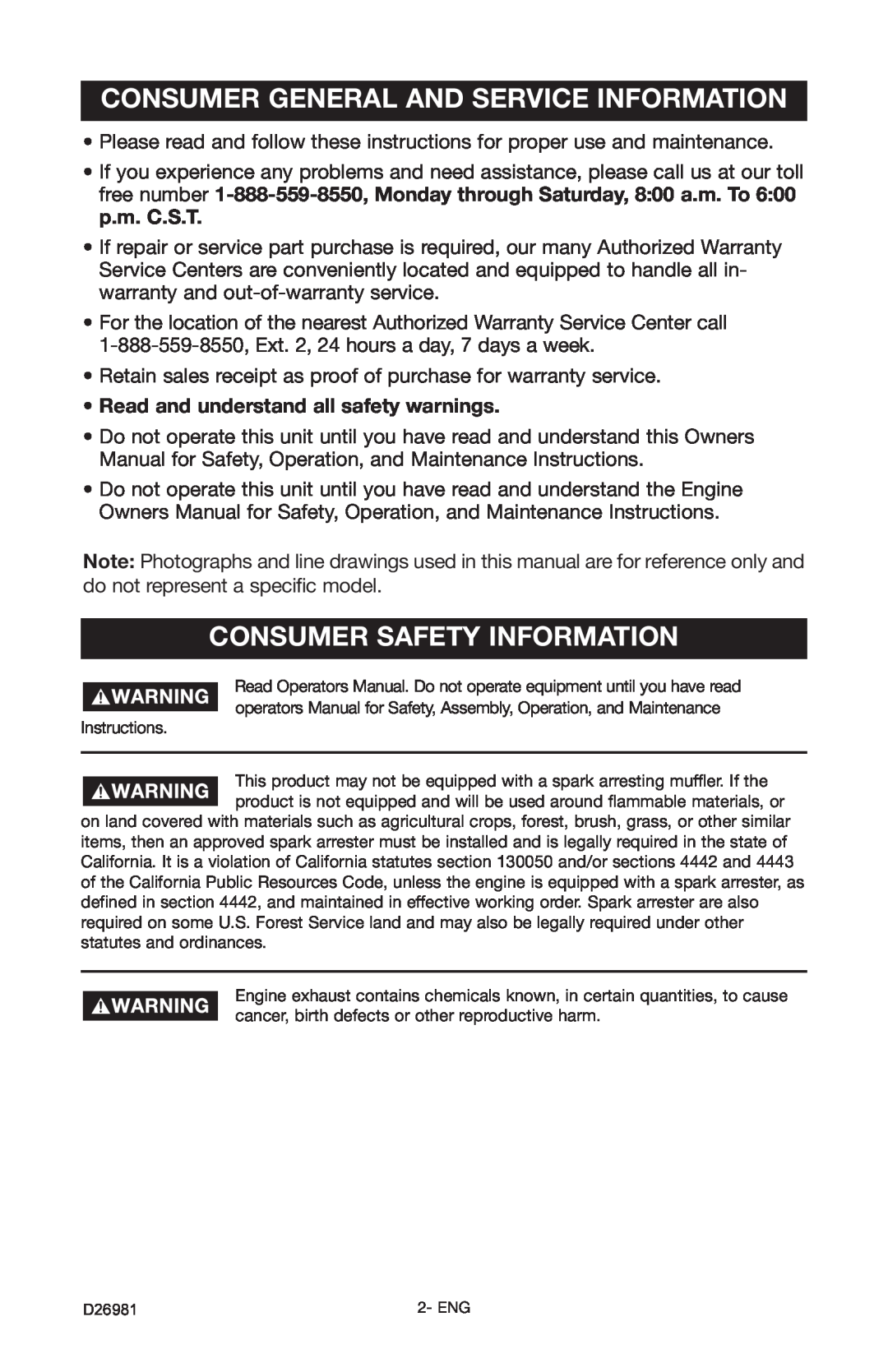 Porter-Cable D26981-028-0 instruction manual Consumer General And Service Information, Consumer Safety Information 
