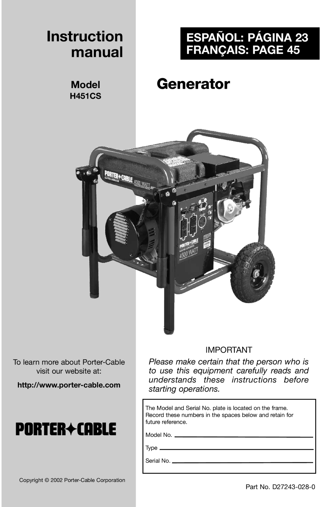 Porter-Cable D27243-028-0 instruction manual Generator 