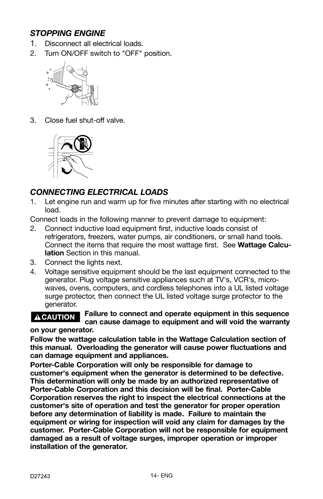 Porter-Cable D27243-028-0 instruction manual Stopping Engine, Connecting Electrical Loads 