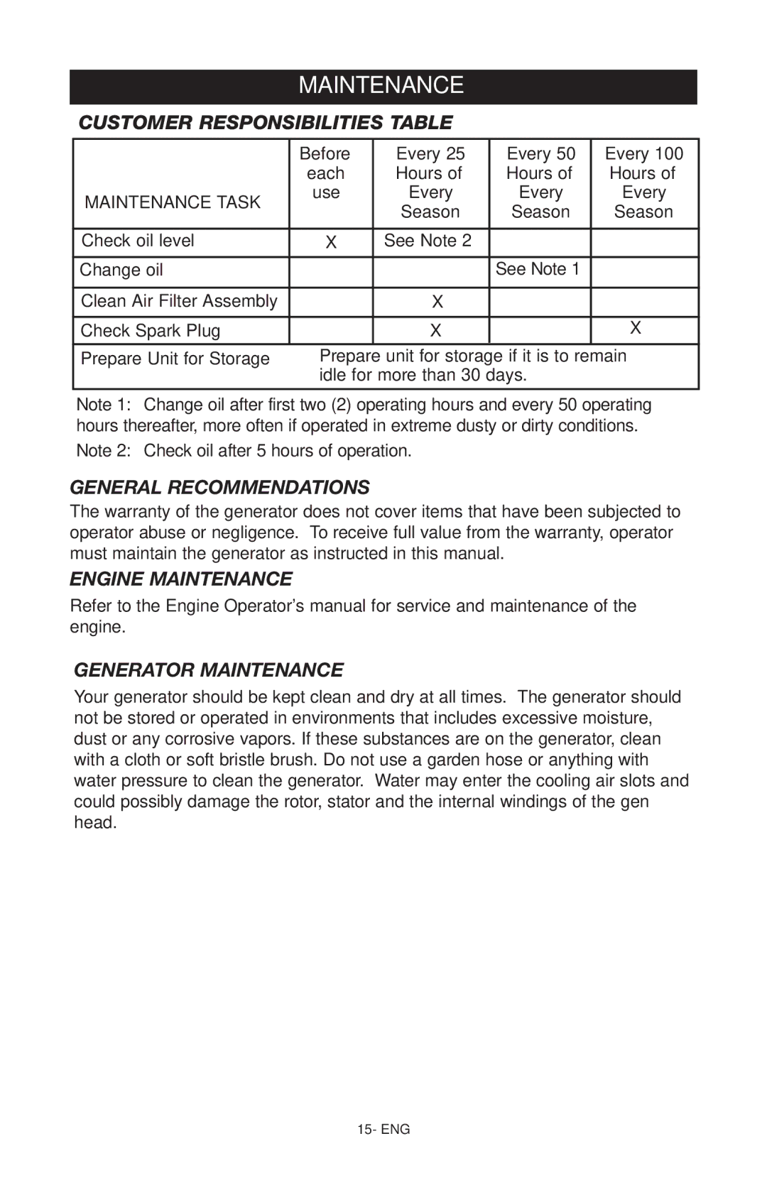 Porter-Cable D27243-028-0 Customer Responsibilities Table, General Recommendations, Engine Maintenance 