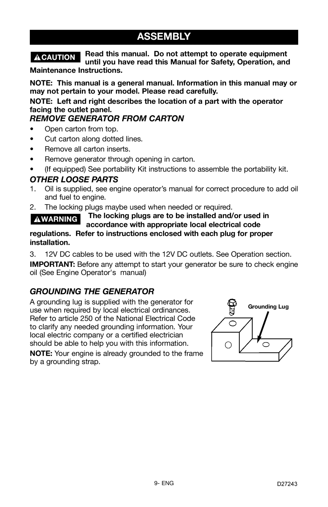 Porter-Cable D27243-028-0 Assembly, Remove Generator from Carton, Other Loose Parts, Grounding the Generator 